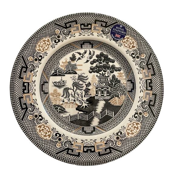 Royal Stafford Black Gold Asian Garden Willow Pagoda Dinner Plates Set of 4 New - Picture 13 of 16